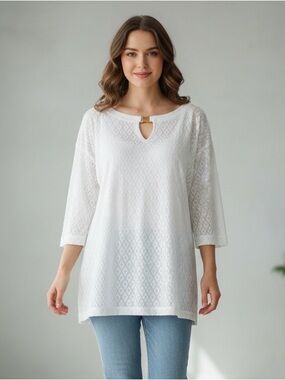 Dana Buckman White 3/4 Sleeve Lacey Chiffon Top With Built-in Tank L